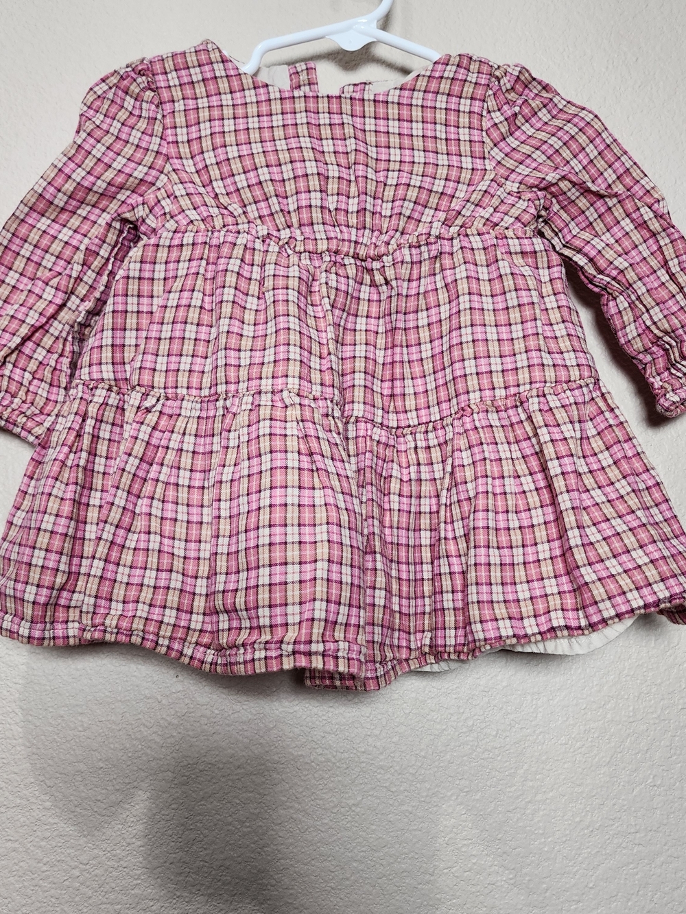 Pink Cotton Plaid Long-Sleeve Girls' Peasant Dress Cottagecore